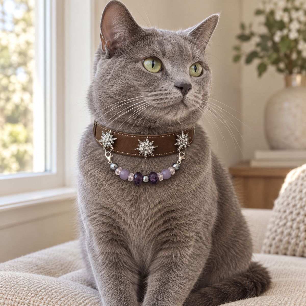 Violet Star pet collar with purple beads and silver-tone star accents — pet wearing illustration