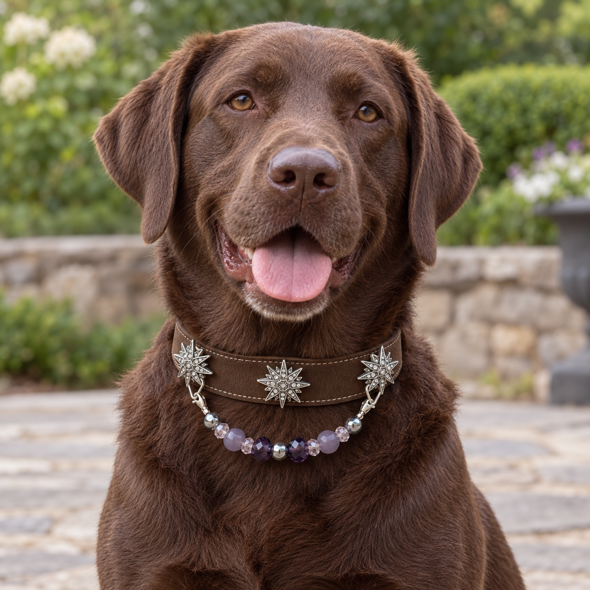 Violet Star pet collar with purple beads and silver-tone star accents — pet wearing illustration