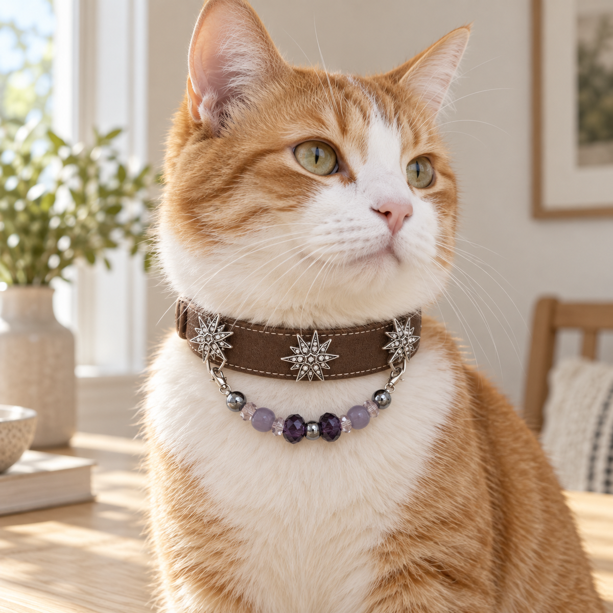 Violet Star pet collar with purple beads and silver-tone star accents — pet wearing illustration