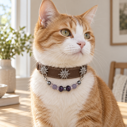 Violet Star pet collar with purple beads and silver-tone star accents — pet wearing illustration